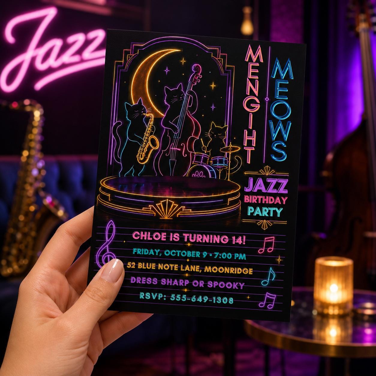 Neon Jazz Birthday Invitation, Black Cat Music Party Invite, Spooky Halloween Jazz Party, Editable Canva Template
