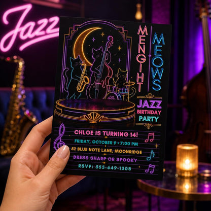 Neon Jazz Birthday Invitation, Black Cat Music Party Invite, Spooky Halloween Jazz Party, Editable Canva Template