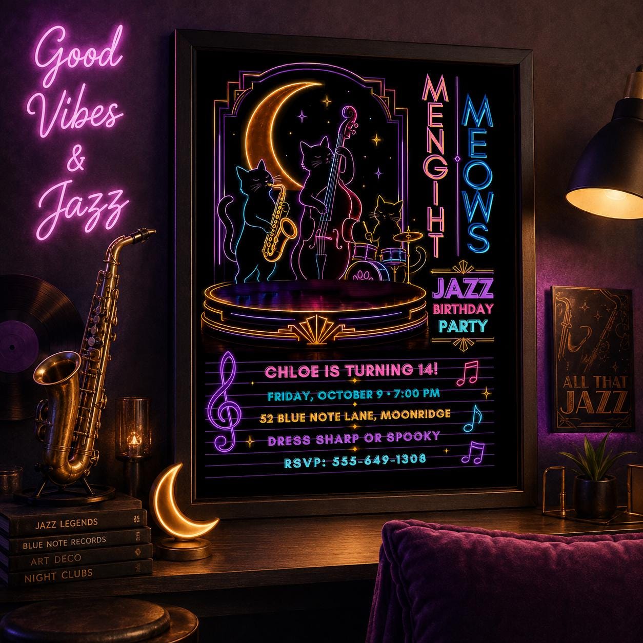Neon Jazz Birthday Invitation, Black Cat Music Party Invite, Spooky Halloween Jazz Party, Editable Canva Template