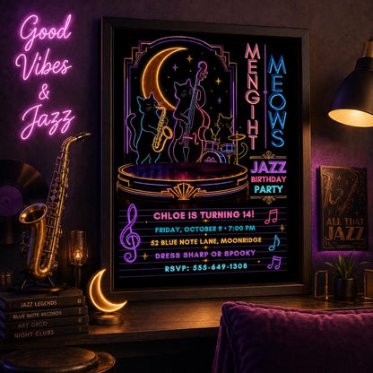 Neon Jazz Birthday Invitation, Black Cat Music Party Invite, Spooky Halloween Jazz Party, Editable Canva Template