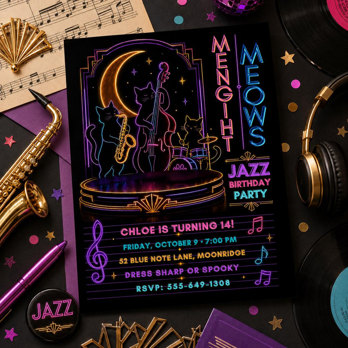 Neon Jazz Birthday Invitation, Black Cat Music Party Invite, Spooky Halloween Jazz Party, Editable Canva Template
