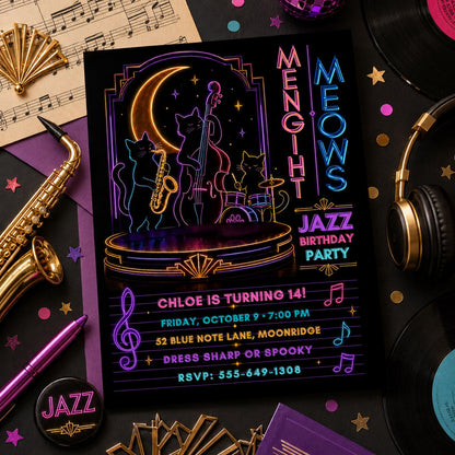 Neon Jazz Birthday Invitation, Black Cat Music Party Invite, Spooky Halloween Jazz Party, Editable Canva Template