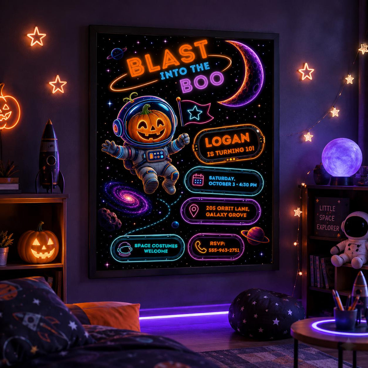 Space Halloween Birthday Invitation, Astronaut Pumpkin Birthday Party Invite, Galaxy Kids Halloween, Editable Canva Template