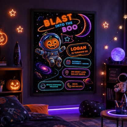 Space Halloween Birthday Invitation, Astronaut Pumpkin Birthday Party Invite, Galaxy Kids Halloween, Editable Canva Template