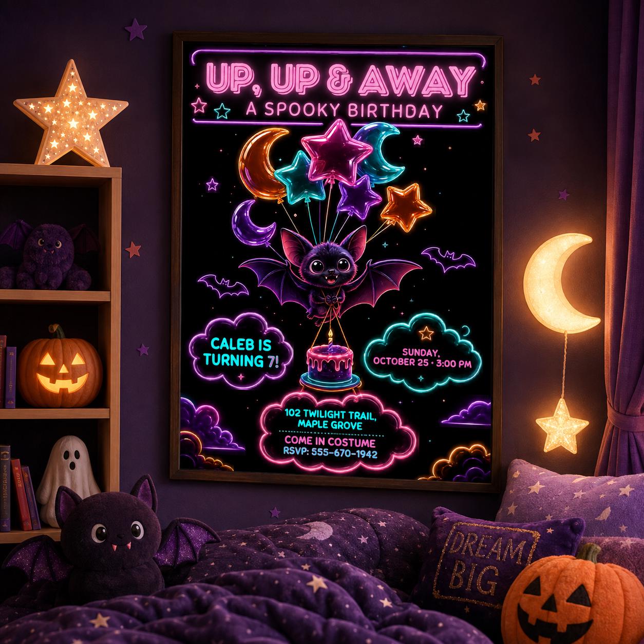 Neon Bat Halloween Birthday Invitation, Spooky Balloon Birthday Party Invite, Cute Kids Halloween Party, Editable Canva Template