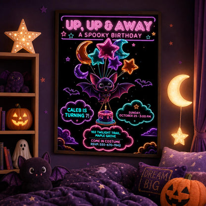 Neon Bat Halloween Birthday Invitation, Spooky Balloon Birthday Party Invite, Cute Kids Halloween Party, Editable Canva Template