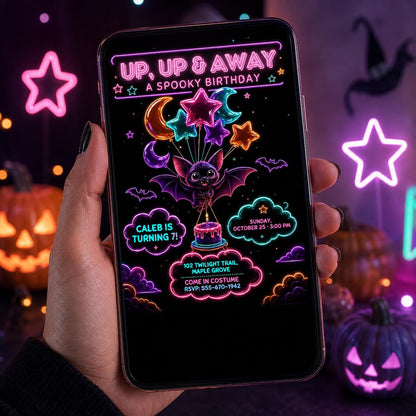 Neon Bat Halloween Birthday Invitation, Spooky Balloon Birthday Party Invite, Cute Kids Halloween Party, Editable Canva Template