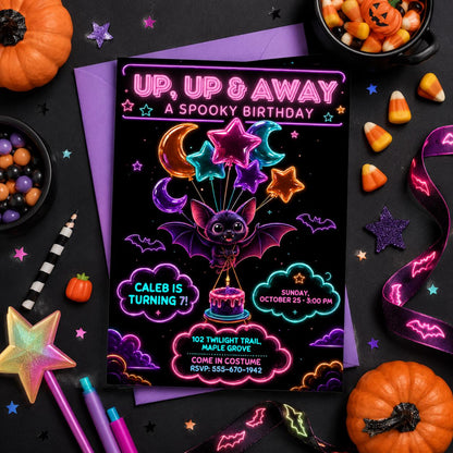 Neon Bat Halloween Birthday Invitation, Spooky Balloon Birthday Party Invite, Cute Kids Halloween Party, Editable Canva Template
