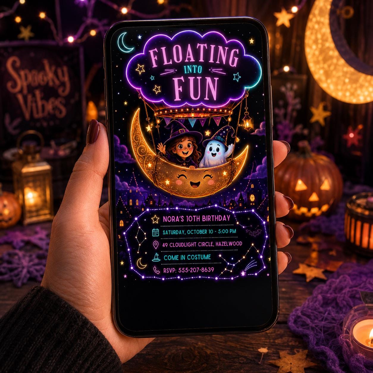 Halloween Birthday Invitation, Moon Balloon Witch and Ghost Party Invite, Spooky Kids Birthday, Editable Canva Template