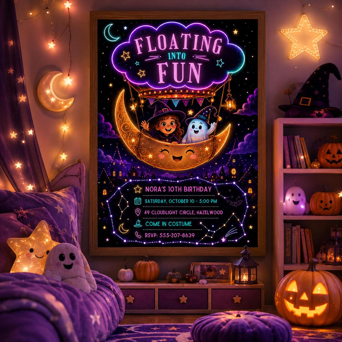 Halloween Birthday Invitation, Moon Balloon Witch and Ghost Party Invite, Spooky Kids Birthday, Editable Canva Template