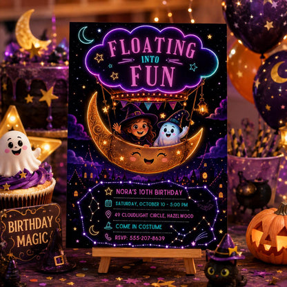 Halloween Birthday Invitation, Moon Balloon Witch and Ghost Party Invite, Spooky Kids Birthday, Editable Canva Template