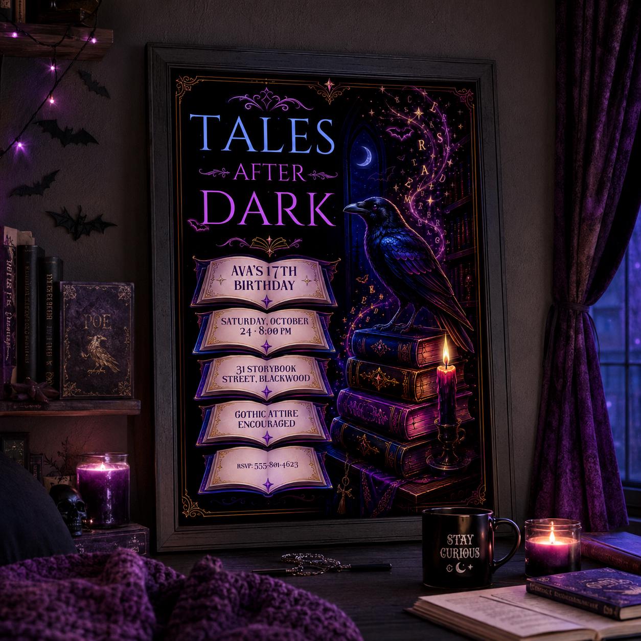 Gothic Raven Birthday Invitation, Dark Academia Birthday Party Invite, Spooky Book Lover Halloween Invite, Editable Canva Template