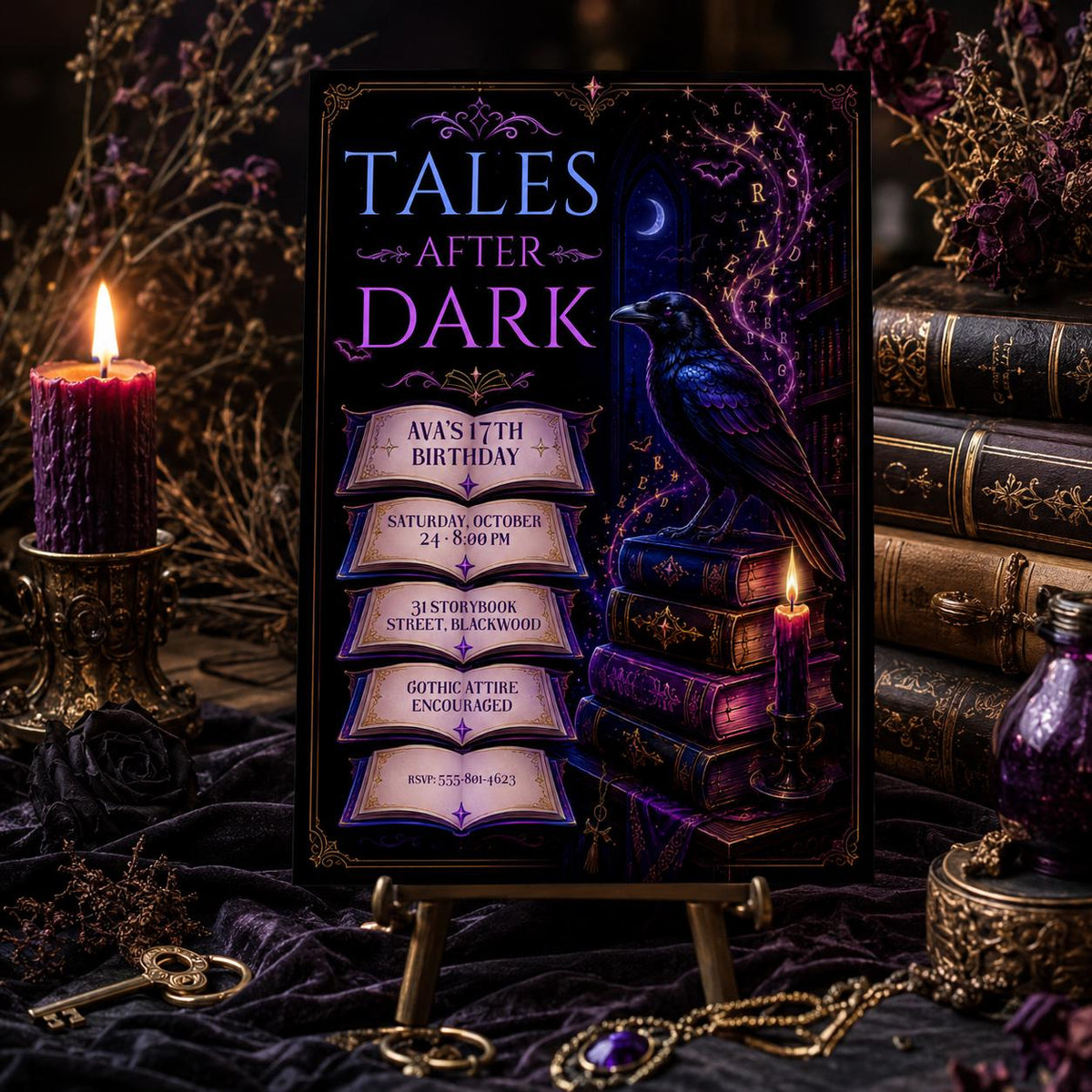 Gothic Raven Birthday Invitation, Dark Academia Birthday Party Invite, Spooky Book Lover Halloween Invite, Editable Canva Template
