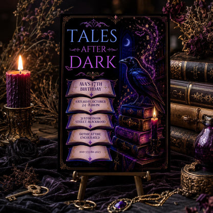 Gothic Raven Birthday Invitation, Dark Academia Birthday Party Invite, Spooky Book Lover Halloween Invite, Editable Canva Template