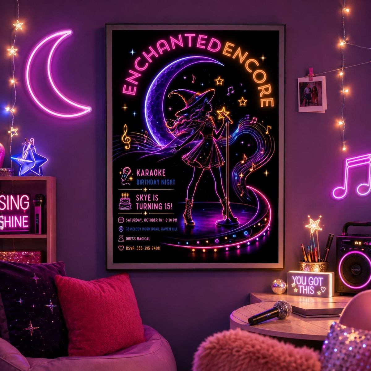 Neon Witch Karaoke Birthday Invitation, Halloween Music Party Invite, Spooky Teen Birthday, Editable Canva Template