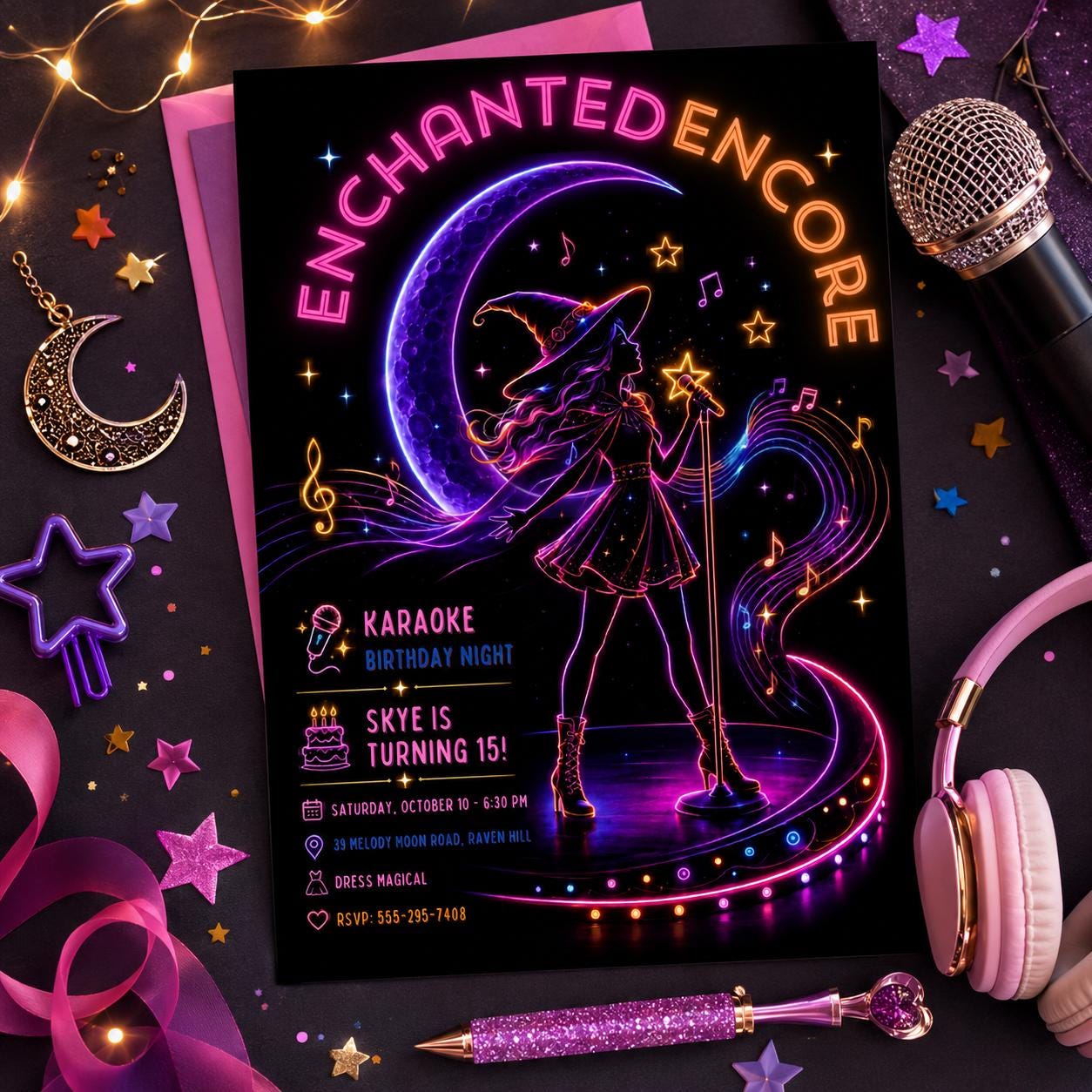 Neon Witch Karaoke Birthday Invitation, Halloween Music Party Invite, Spooky Teen Birthday, Editable Canva Template