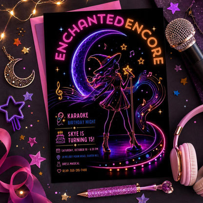 Neon Witch Karaoke Birthday Invitation, Halloween Music Party Invite, Spooky Teen Birthday, Editable Canva Template