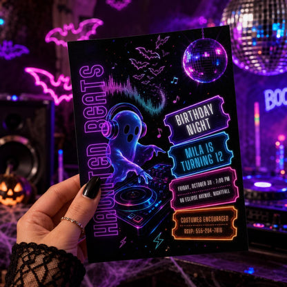 Neon Ghost DJ Halloween Birthday Invitation, Disco Music Party Invite, Spooky Kids Birthday, Editable Canva Template
