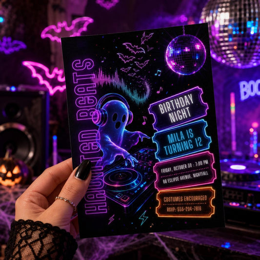 Neon Ghost DJ Halloween Birthday Invitation, Disco Music Party Invite, Spooky Kids Birthday, Editable Canva Template