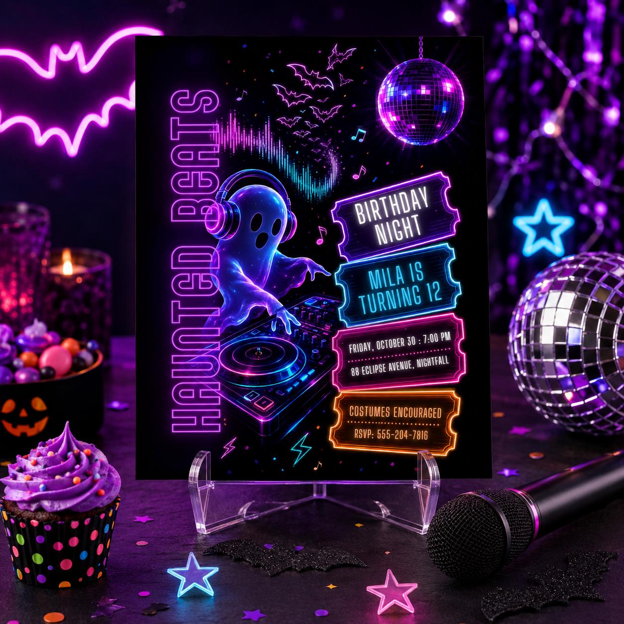 Neon Ghost DJ Halloween Birthday Invitation, Disco Music Party Invite, Spooky Kids Birthday, Editable Canva Template