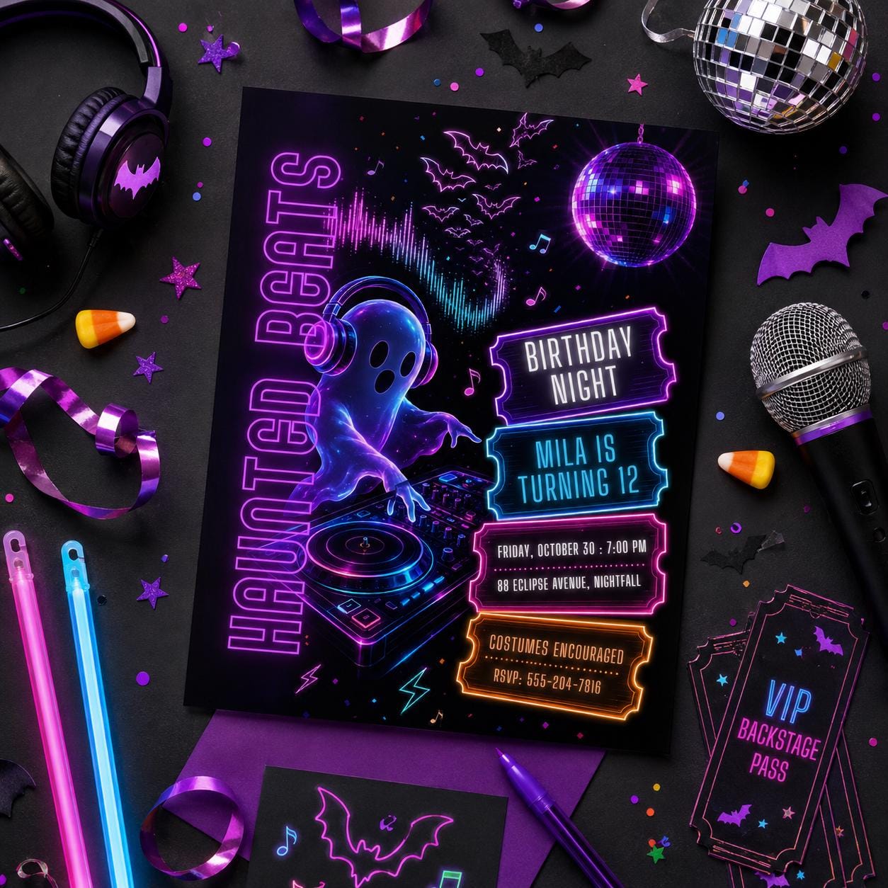 Neon Ghost DJ Halloween Birthday Invitation, Disco Music Party Invite, Spooky Kids Birthday, Editable Canva Template