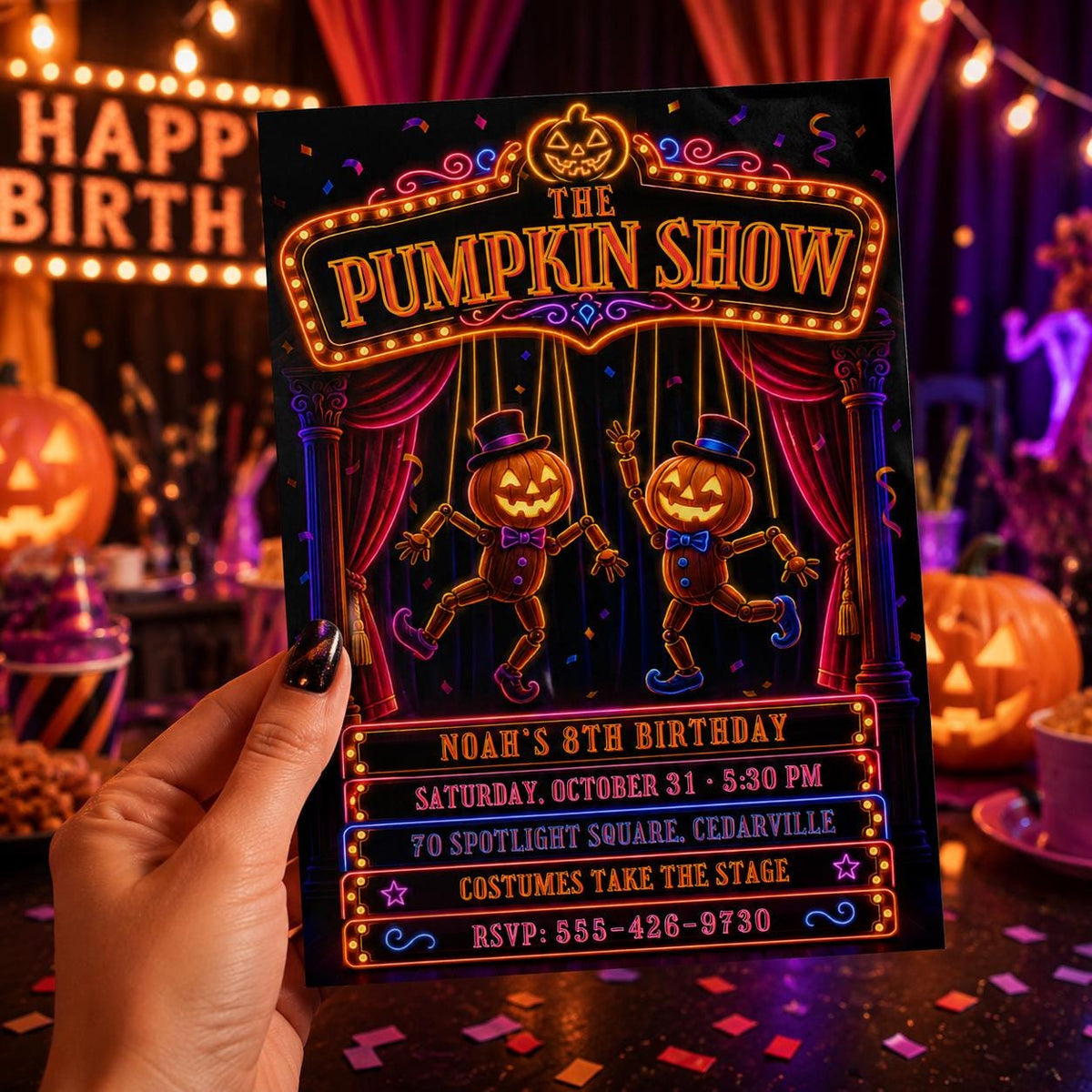 Neon Pumpkin Halloween Birthday Invitation, Pumpkin Show Party Invite, Spooky Theater Kids Birthday, Editable Canva Template