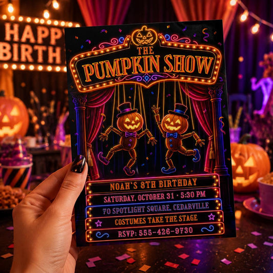 Neon Pumpkin Halloween Birthday Invitation, Pumpkin Show Party Invite, Spooky Theater Kids Birthday, Editable Canva Template