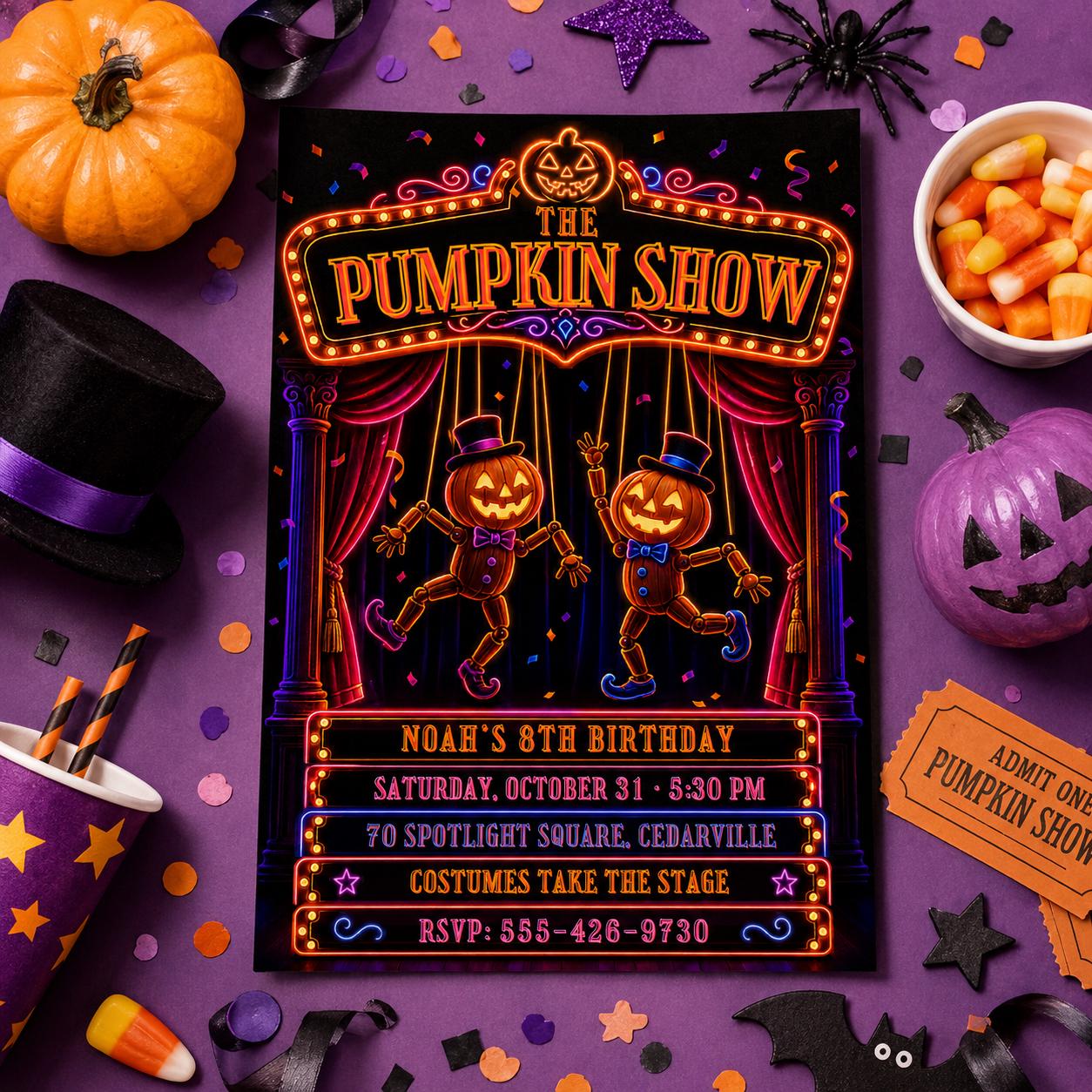 Neon Pumpkin Halloween Birthday Invitation, Pumpkin Show Party Invite, Spooky Theater Kids Birthday, Editable Canva Template