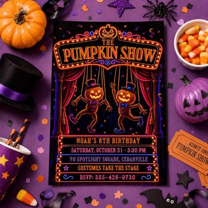 Neon Pumpkin Halloween Birthday Invitation, Pumpkin Show Party Invite, Spooky Theater Kids Birthday, Editable Canva Template