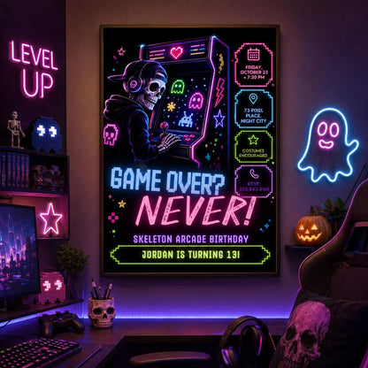 Neon Arcade Halloween Birthday Invitation, Skeleton Gaming Party Invite, Spooky Gamer Birthday, Editable Canva Template