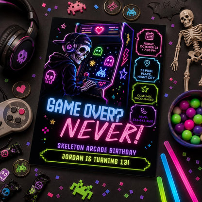 Neon Arcade Halloween Birthday Invitation, Skeleton Gaming Party Invite, Spooky Gamer Birthday, Editable Canva Template