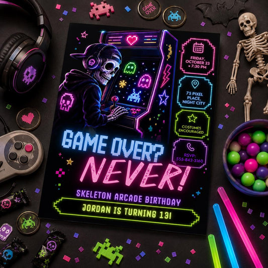 Neon Arcade Halloween Birthday Invitation, Skeleton Gaming Party Invite, Spooky Gamer Birthday, Editable Canva Template