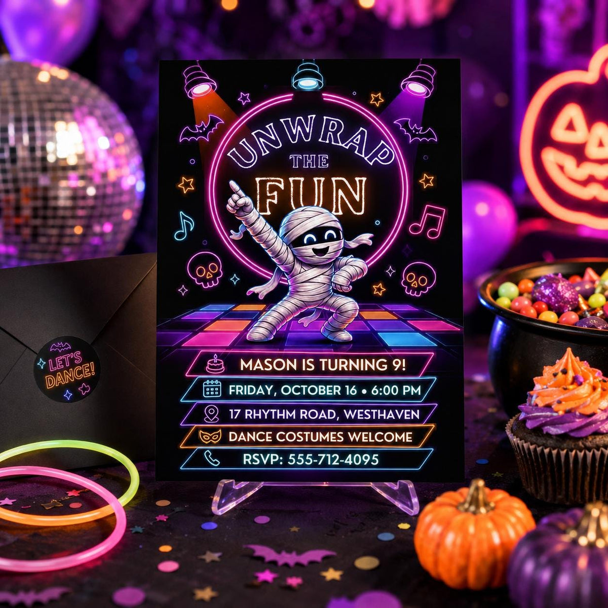 Neon Mummy Halloween Birthday Invitation, Spooky Dance Party Invite, Kids Halloween Birthday, Editable Canva Template