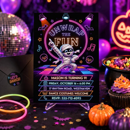 Neon Mummy Halloween Birthday Invitation, Spooky Dance Party Invite, Kids Halloween Birthday, Editable Canva Template