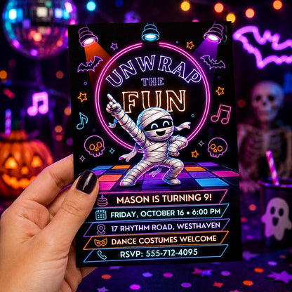 Neon Mummy Halloween Birthday Invitation, Spooky Dance Party Invite, Kids Halloween Birthday, Editable Canva Template