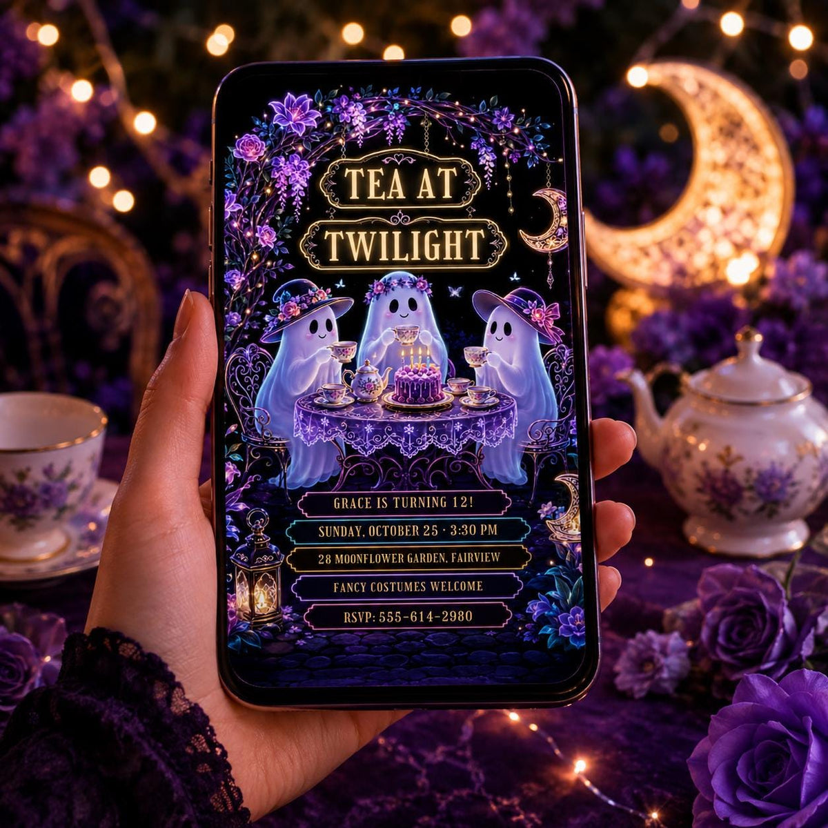 Ghost Tea Party Halloween Birthday Invitation, Spooky Tea Party Invite, Purple Floral Ghost Birthday, Editable Canva Template