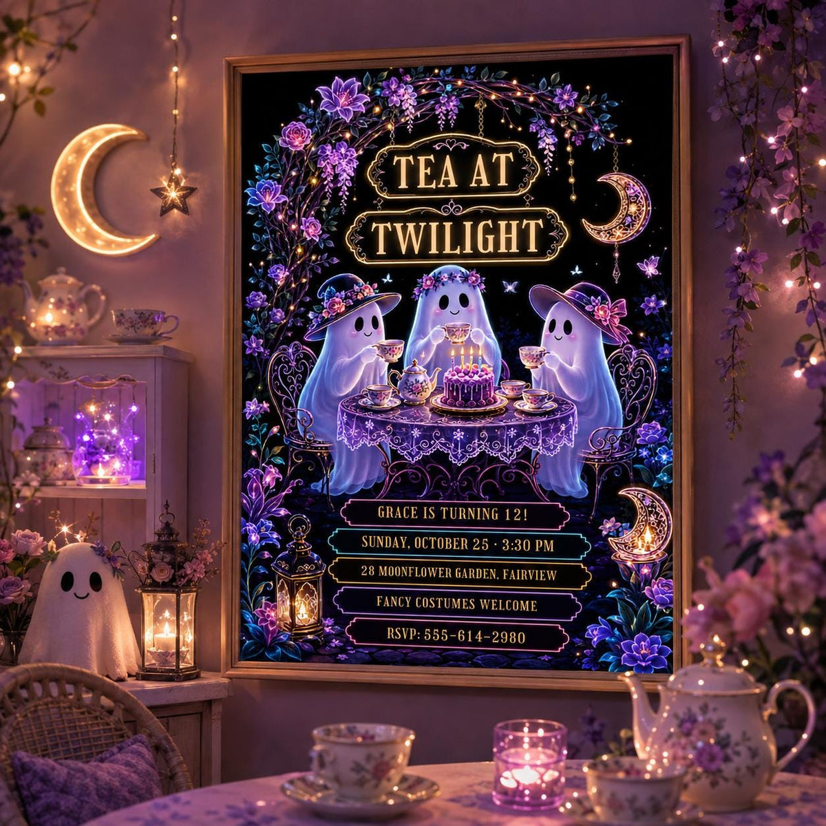 Ghost Tea Party Halloween Birthday Invitation, Spooky Tea Party Invite, Purple Floral Ghost Birthday, Editable Canva Template