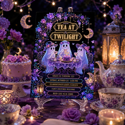 Ghost Tea Party Halloween Birthday Invitation, Spooky Tea Party Invite, Purple Floral Ghost Birthday, Editable Canva Template