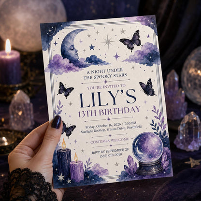 Celestial Halloween Birthday Invitation, Witchy Teen Birthday Invite, Spooky Stars Moon Butterfly Party, Editable Canva Template