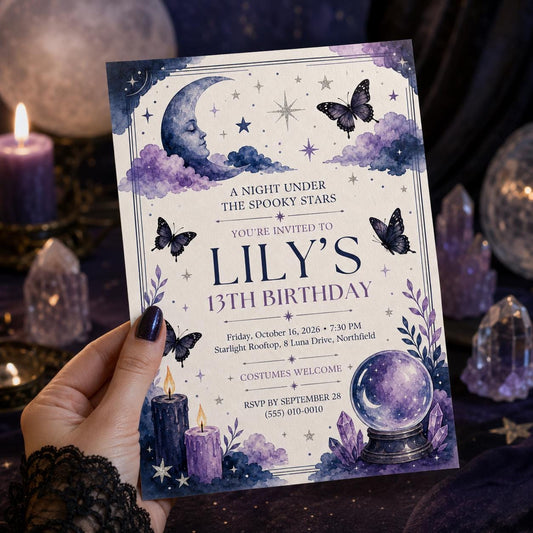 Celestial Halloween Birthday Invitation, Witchy Teen Birthday Invite, Spooky Stars Moon Butterfly Party, Editable Canva Template