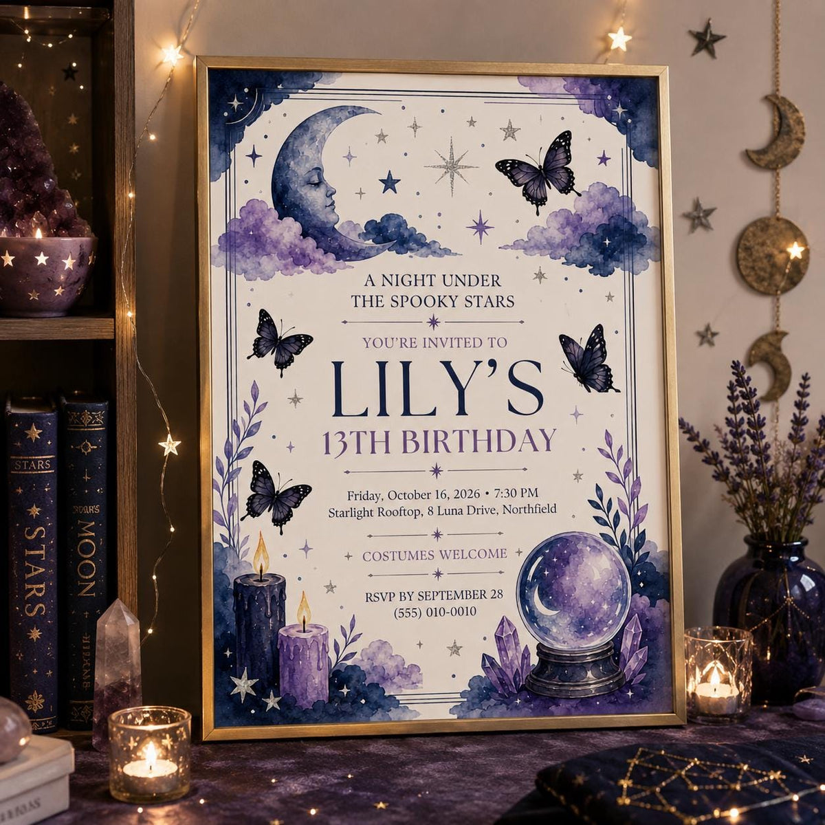 Celestial Halloween Birthday Invitation, Witchy Teen Birthday Invite, Spooky Stars Moon Butterfly Party, Editable Canva Template