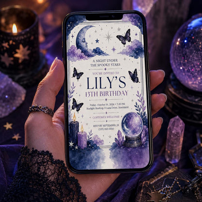 Celestial Halloween Birthday Invitation, Witchy Teen Birthday Invite, Spooky Stars Moon Butterfly Party, Editable Canva Template