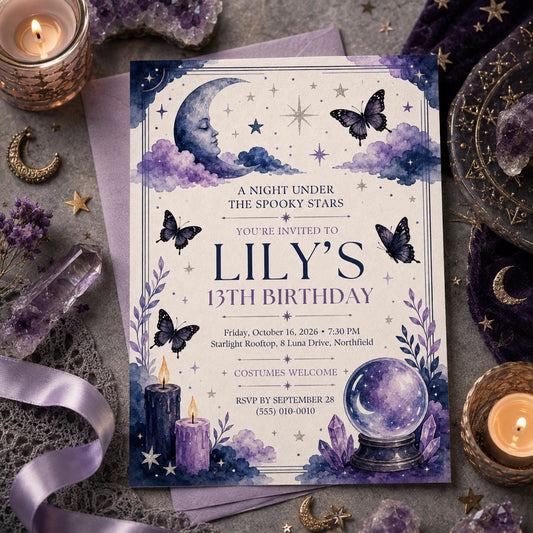 Celestial Halloween Birthday Invitation, Witchy Teen Birthday Invite, Spooky Stars Moon Butterfly Party, Editable Canva Template