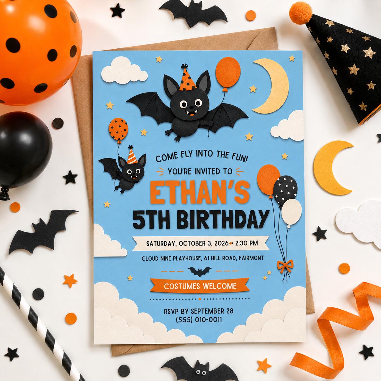 Cute Bat Halloween Birthday Invitation, Kids Spooky Birthday Party Invite, Blue Orange Bat Party, Editable Canva Template