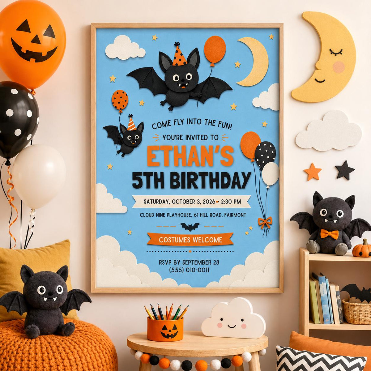 Cute Bat Halloween Birthday Invitation, Kids Spooky Birthday Party Invite, Blue Orange Bat Party, Editable Canva Template