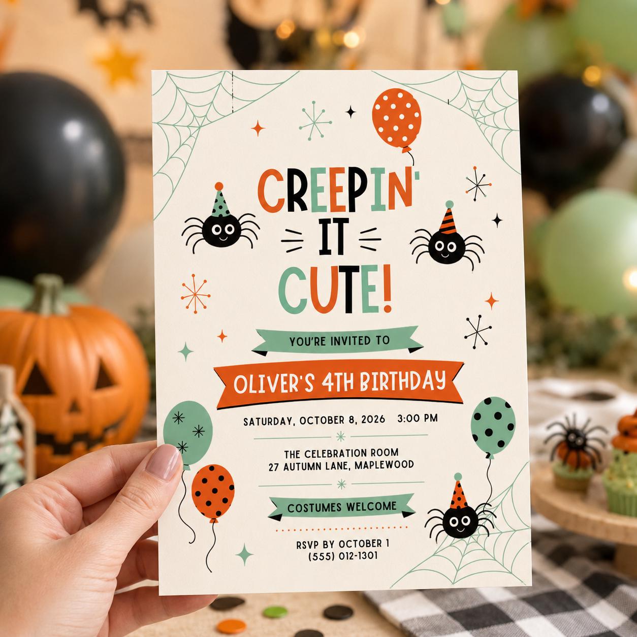 Cute Spider Halloween Birthday Invitation, Creepin It Cute Party Invite, Kids Spooky Birthday, Retro Halloween Canva Template