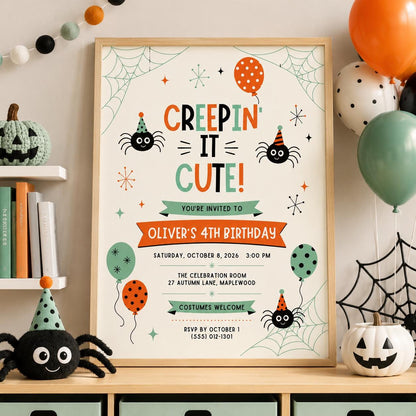 Cute Spider Halloween Birthday Invitation, Creepin It Cute Party Invite, Kids Spooky Birthday, Retro Halloween Canva Template