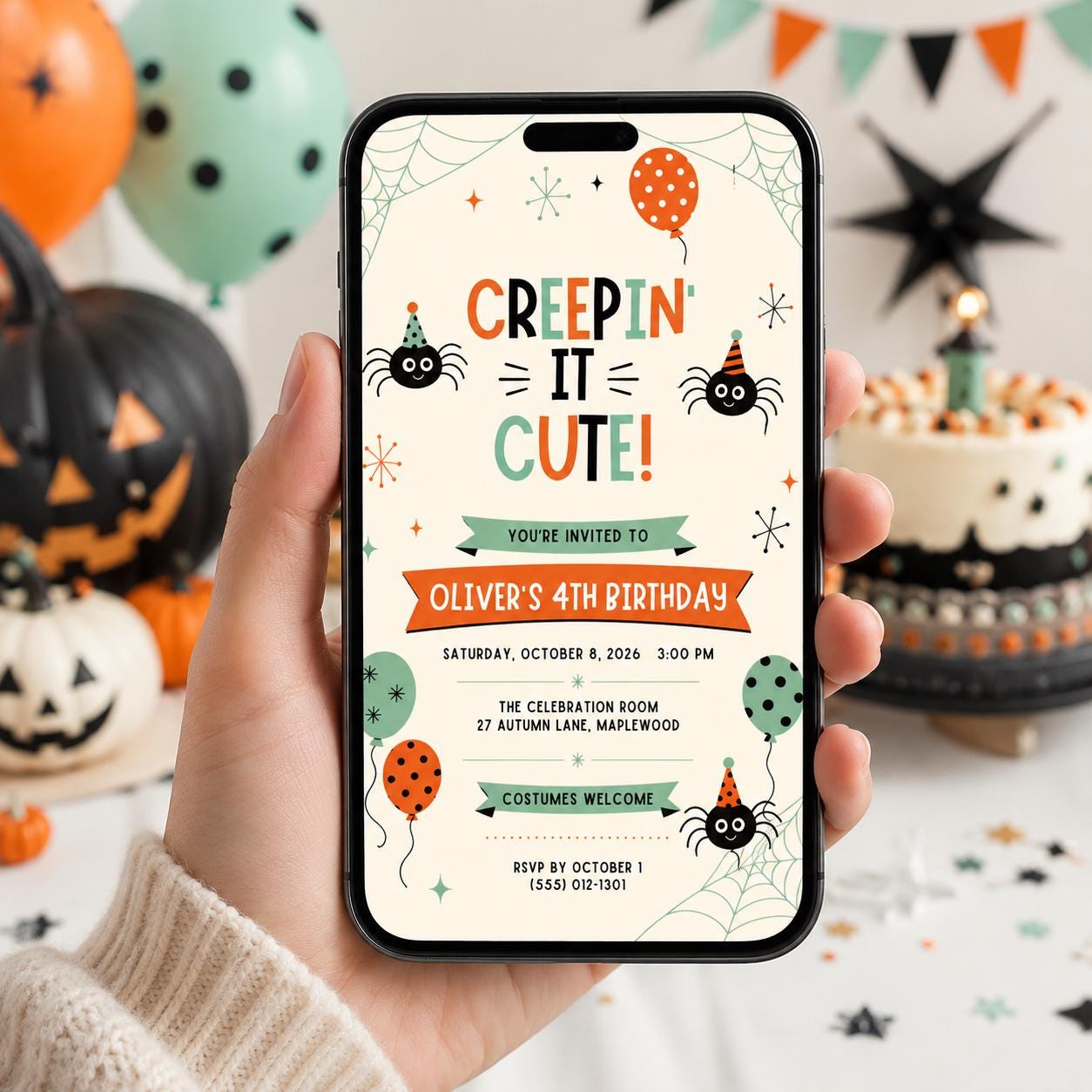 Cute Spider Halloween Birthday Invitation, Creepin It Cute Party Invite, Kids Spooky Birthday, Retro Halloween Canva Template