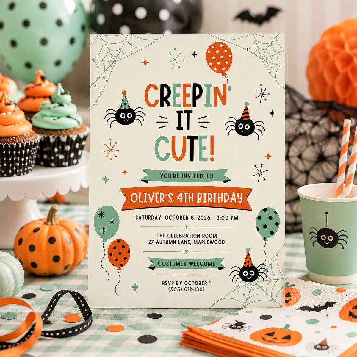 Cute Spider Halloween Birthday Invitation, Creepin It Cute Party Invite, Kids Spooky Birthday, Retro Halloween Canva Template
