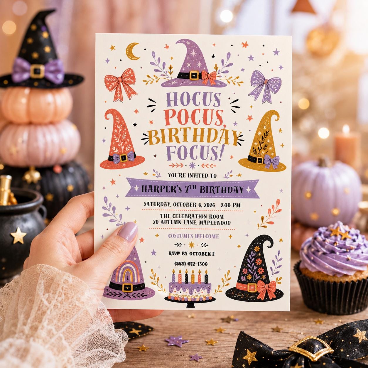 Witch Birthday Invitation, Magical Halloween Birthday Party Invite, Cute Witch Hat Theme, Girls Spooky Birthday, Editable Canva Template